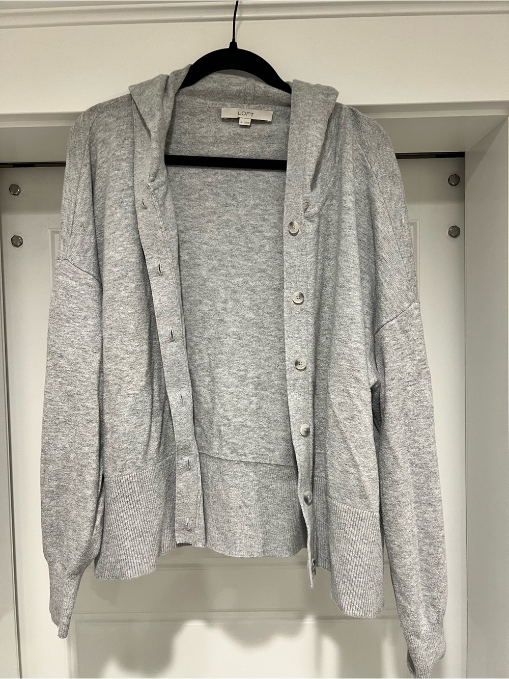 LOFT Light Gray Hooded Button-Up Cardigan